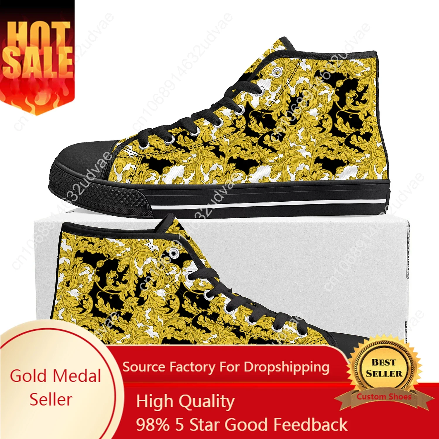 

Luxury Golden Floral Prints High Top Sneakers Mens Womens Teenager Canvas Sneaker Baroque European Casual Shoes Custom Shoe