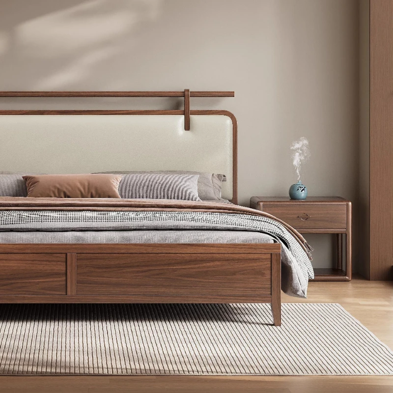 

Black walnut solid wood bed 1.8 meters master bedroom wedding bed soft bag double bed new Chinese