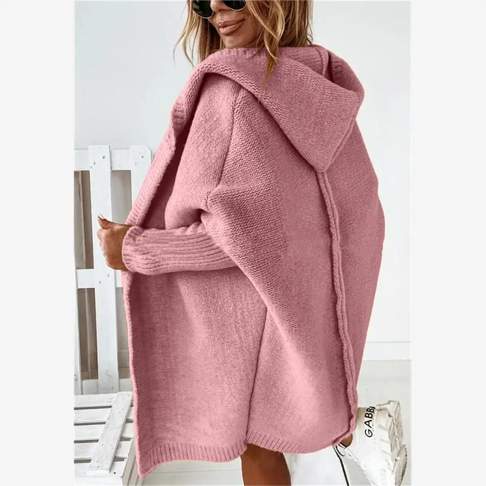 

2024 Casual Knitted Cardigan Coat with Hood Batwing Sves Women's Faion Polyester Fiber Long Sve Mid-Length Jaet
