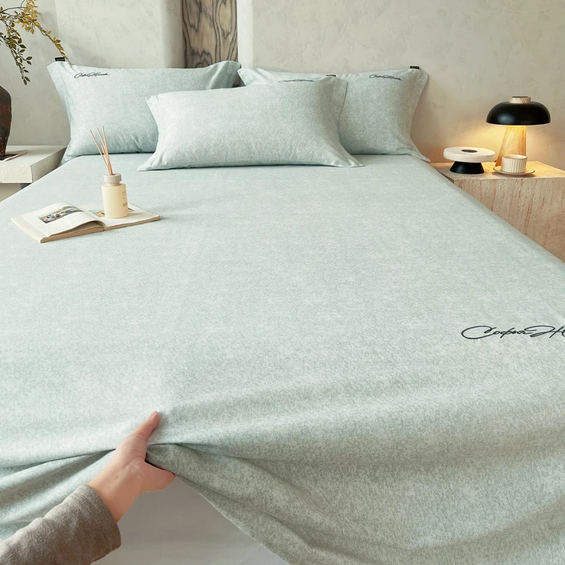 Lyocell Cotton Flat Sheets with Embroidery Queen/King Size Solid Color Top Sheets for Double Beds Simple Style sabana para cama