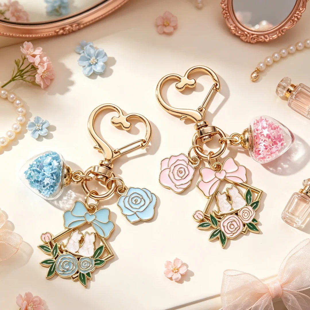 1 Stück Hübscher Katzen-Rosen-Schleifen-Emaille-Schlüsselanhänger, Handgemachtes DIY-Valentinstags-Accessoire, Niedlicher Taschenanhänger, Schmuckgeschenk für Frauen und Männer
