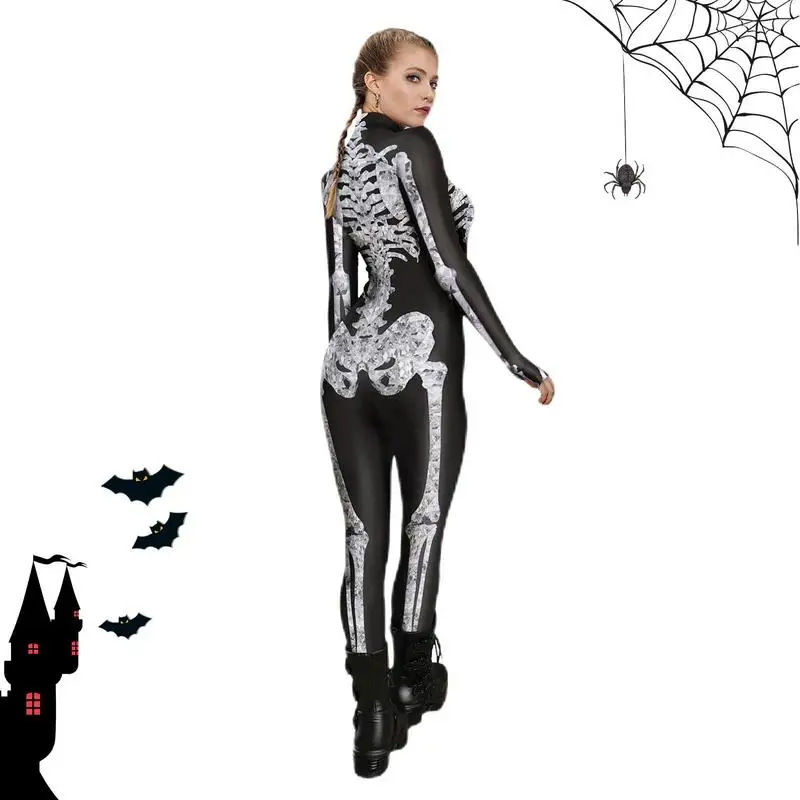 Women Skeleton Bodysuit Soft Adult Halloween Skeleton Skull Bone Costume With Printing Pattern Halloween Cosplay Costume Stretch