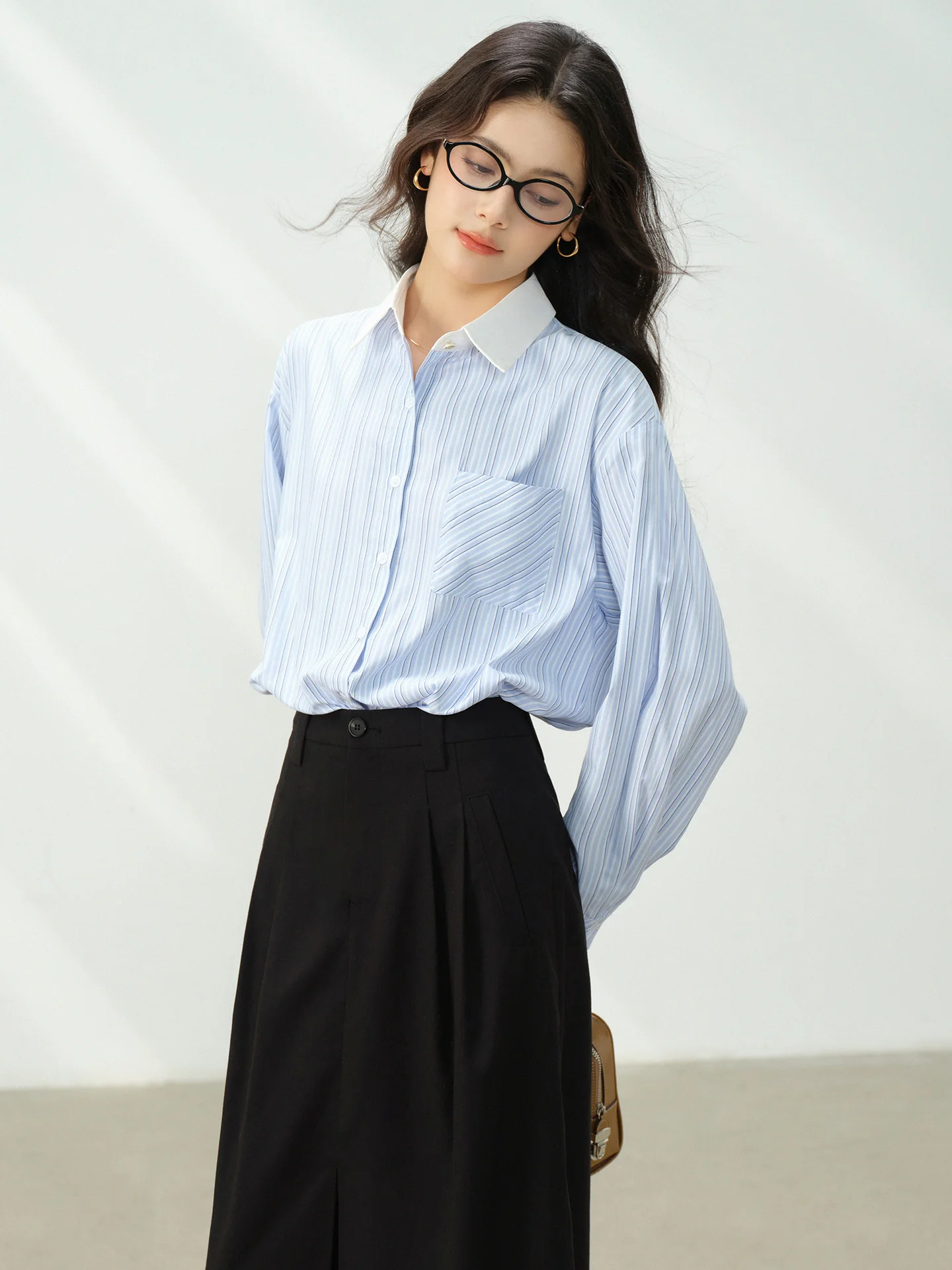 Striped Shirt Women Elegant Loose Blouse Color Block Collar Office Top Autumn Slimming Professional Commuter Button Down Shirt