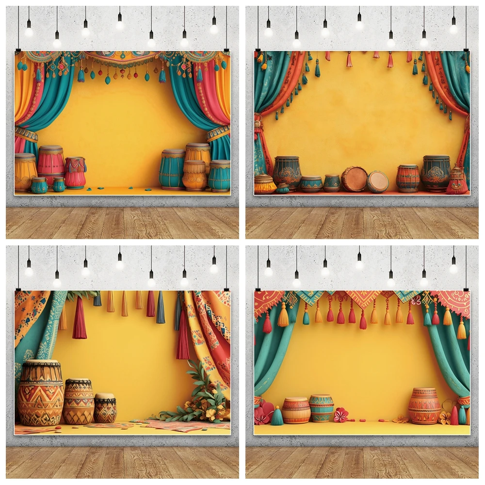 

India Pooja Traditional Photography Backdrop Yellow Wall Tassel Curtain Drum Birthday Wedding Party Decoration Photo Background