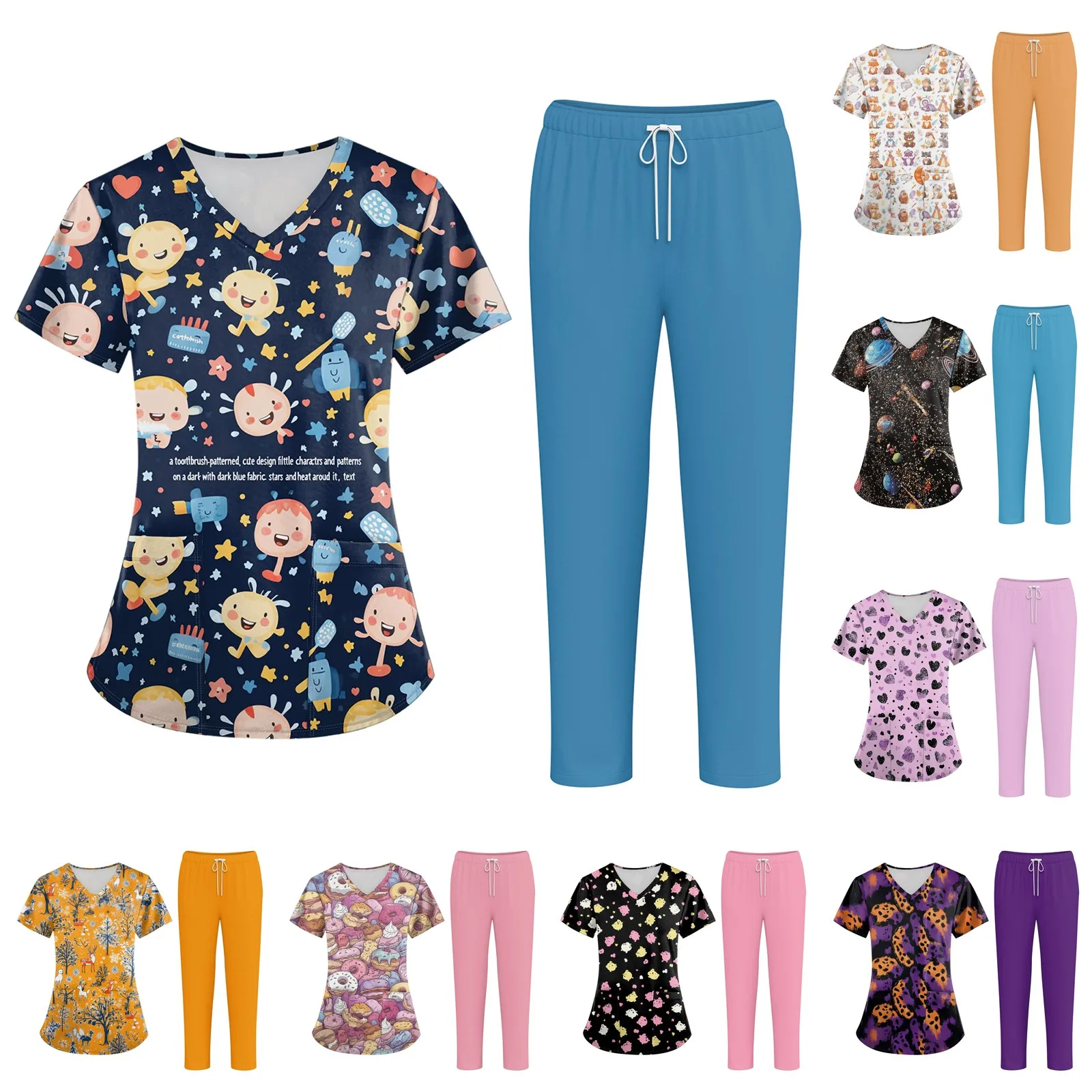 

Рабочая униформа с мультяшным принтом, топ и брюки, комплект для женщин, больничный хирургический стоматолог, комплект спецодежды с карманами