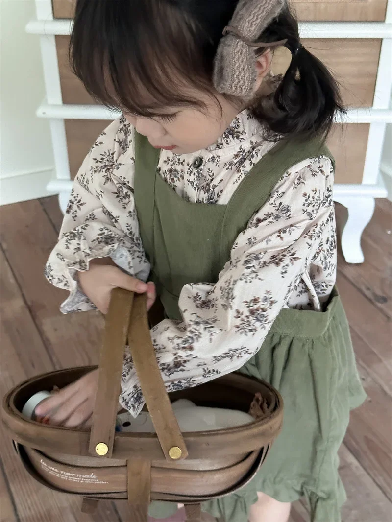 Blouses Spring Autumn New Girl Retro Style Broken Flowers Shirt Children French Cotton Long Sleeves Tops 2024 Sweet