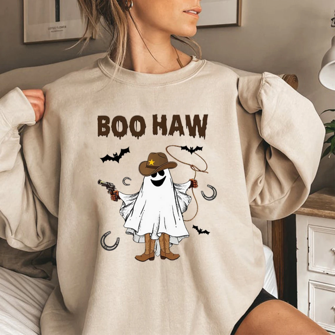 Boo Haw Sweatshirt Funny Ghost Cowboy Shirt Western Halloween Sweatshirt Women Long Sleeve Pullover Spooky Fall Graphic Hoodies