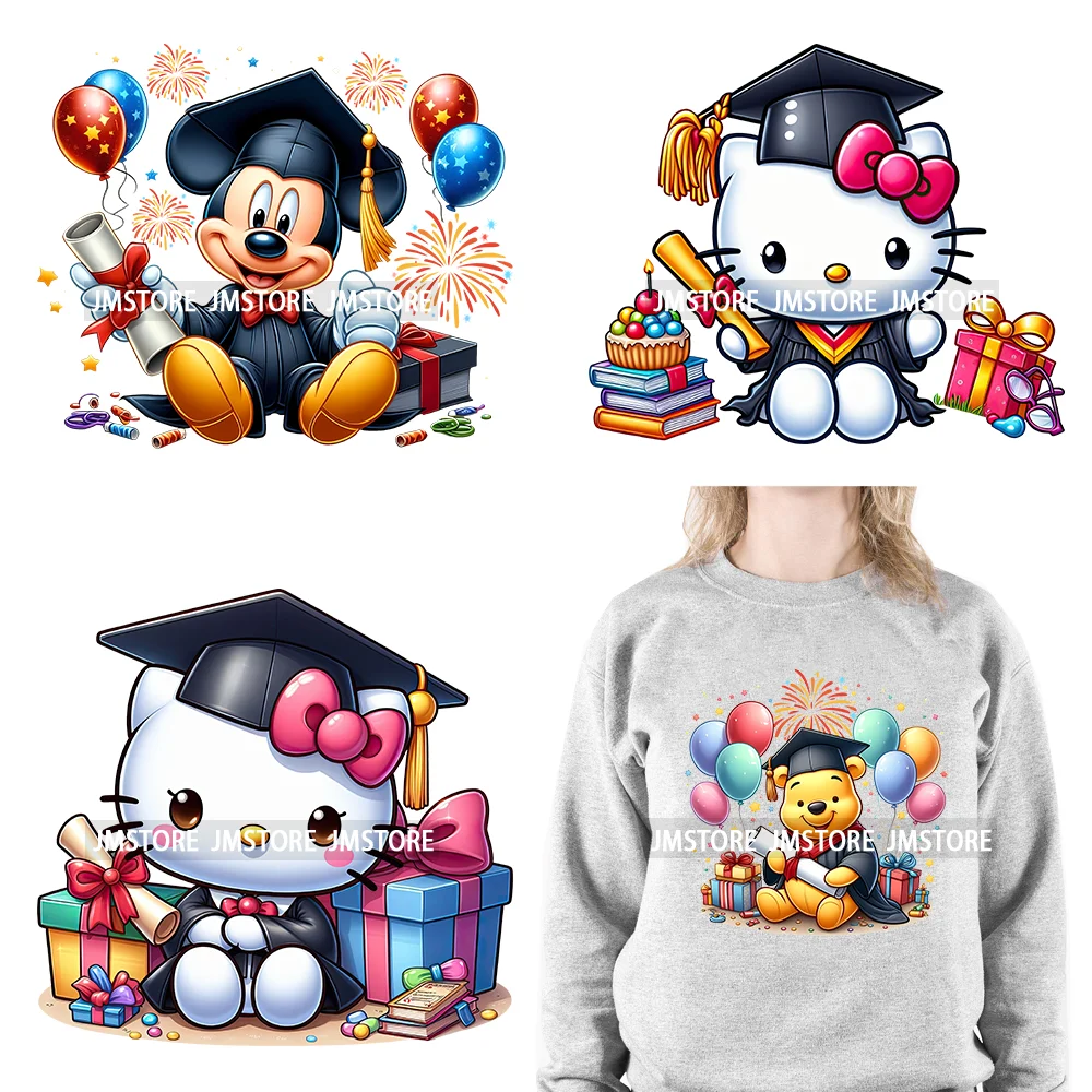 Celebrate Chibi Cartoon Animal Character Senior Graduation DTF Logos Washable Iron On Transfer Stickers For Hoodies