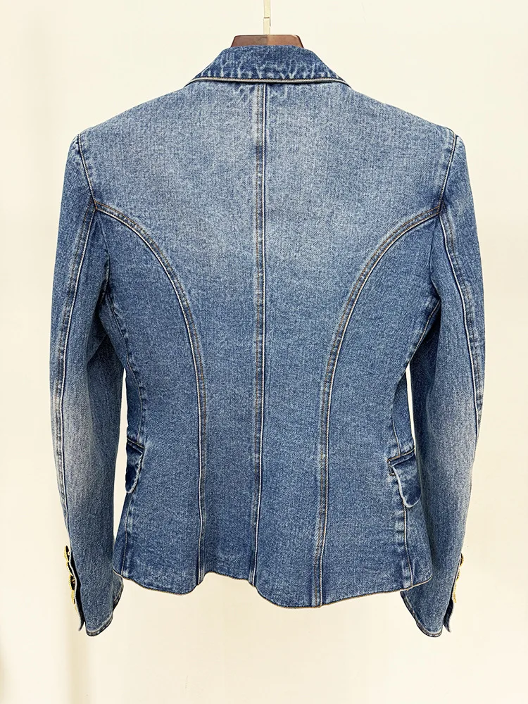 HIGH STREET Newest 2024 Designer Runway Blazer Women\'s Slim Fitting Double Breasted Lion Buttons Denim Jacket Mini Skirt