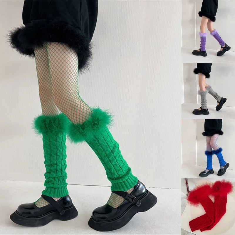 

Winter Autumn Cable Knitted Leg Warmers Solid Color Foot Covers Furry Plush Trim Stretchy Calf Socks for Women Girls