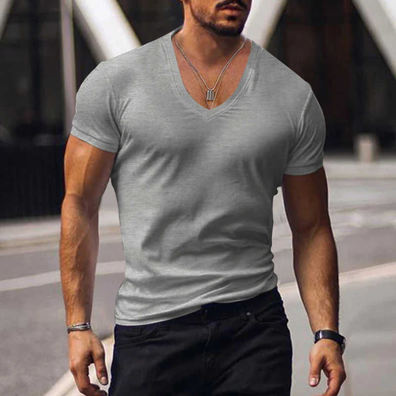 2023 men\'s T-shirt cross-border clothing European and American foreign trade men\'s V-neck solid color casual short sleeved T-shi