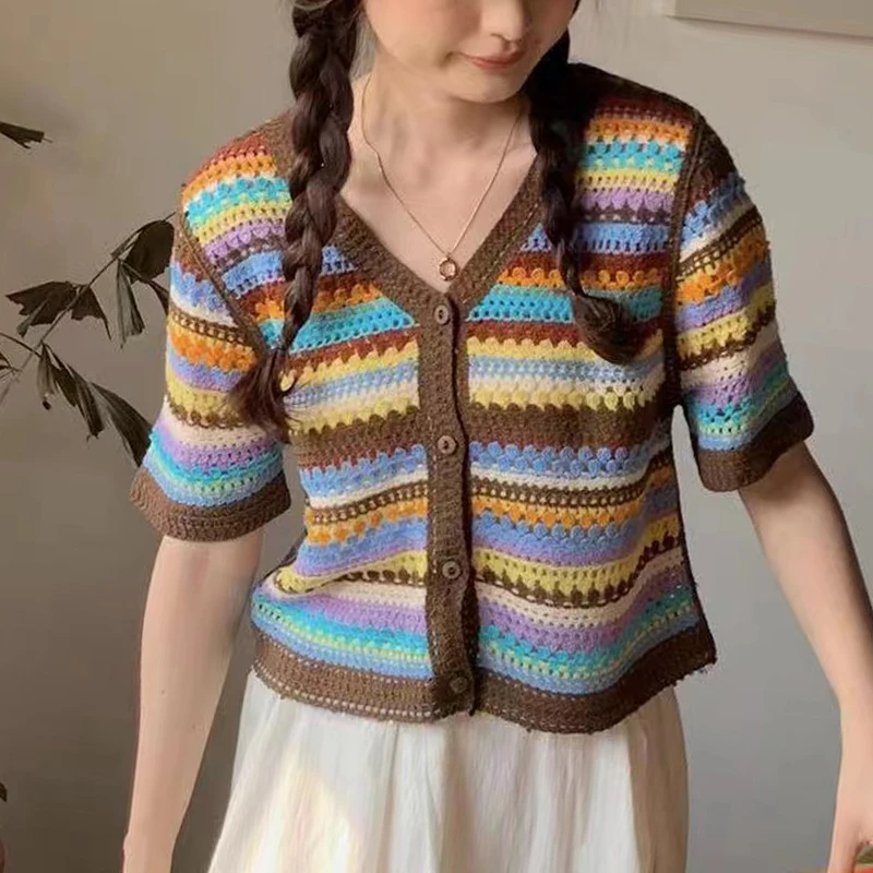 Rainbow Crochet Top Short Sleeve Multicolor Stried Blouse Cardigan Openwork Crop Knit Top for Women Teengirl Summer Outfit