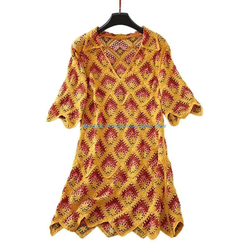 

E56A Colorful Diamond Floral Crochet Knit Women Half Sleeve Loose A-Line Midi Dress