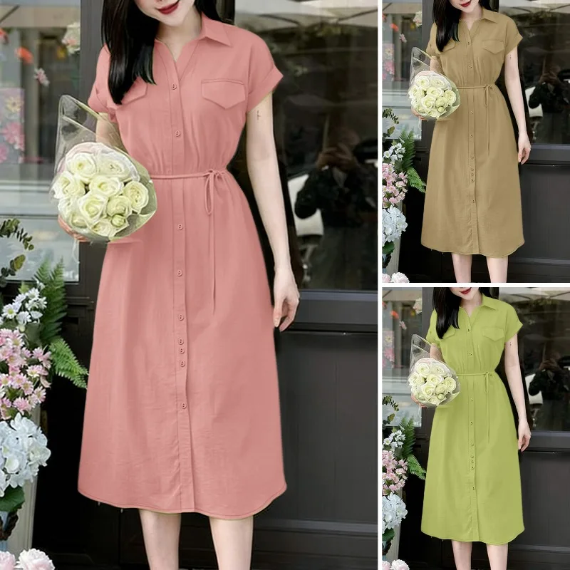 2026 Sommerkleid ZANZEA Damen Hemdkleid mit Reverskragen und kurzen Ärmeln, stilvolles, einfarbiges OL-Arbeitskleid mit Gürtel, Vestido, Urlaubskleid