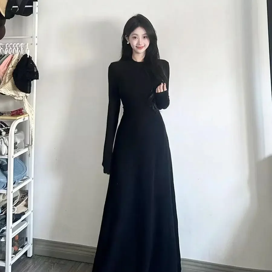 Hebe نمط أنيق فرنسي أسود فستان بكم طويل المرأة أوائل الخريف جديد الخصر مقصوص ثوب التخسيس تصميم دقيق