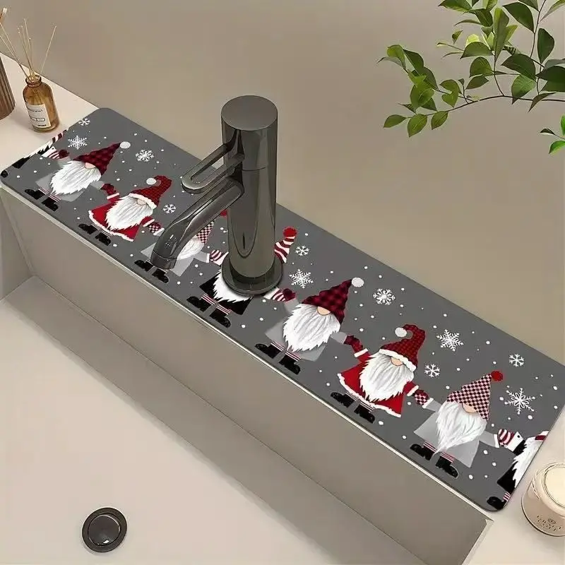 VIKAMA Christmas Gnome Faucet Mat Sink Absorbent Splash Pad Tomte Snowflake Quick Dry Drain Mat Happy New Year 2027 Decor