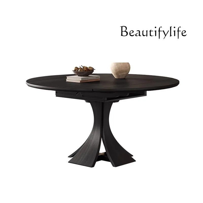 

French solid wood dining table, antique walnut round table, retro household ash wood round small apartment dining table and chai