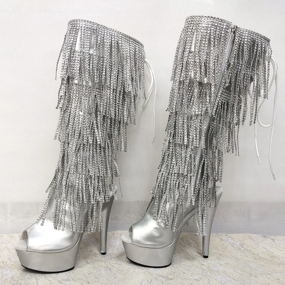 Mid-Calf Silver Exotic 6Inch Peep Toe Fringe strips Thigh High Boots Pole Dance Shoes Big Size Women Gothic Gladiator Rhinestone