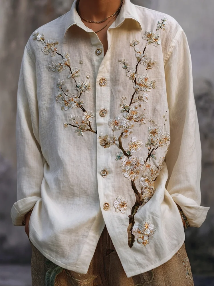Men's Long Sleeved Casual Shirt Plum Blossom Branch Print Versatile Comfortable Vacation Party Travel Clothes