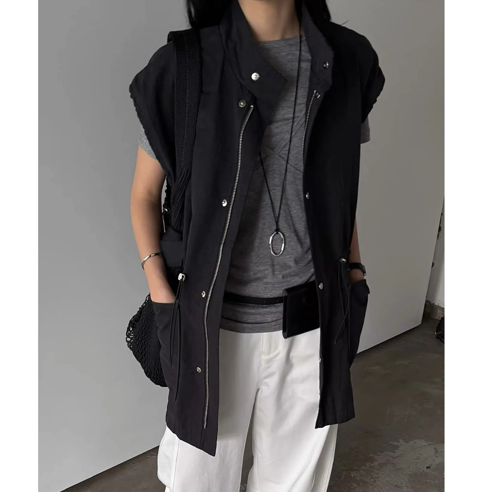 Chaleco de mujer Top Casual Dstring Svel Stand Collar Primavera Verano nuevo Sle alta gama europea coreana Faion tendencia