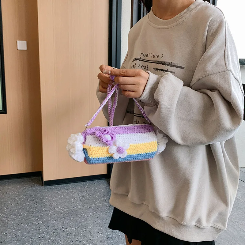 Shoulder Bag Candy Knitted Hand Woven Flower Barrel-shaped Sweet Cute Small Fresh Messenger Bag Leisure Shopping Trend All-match