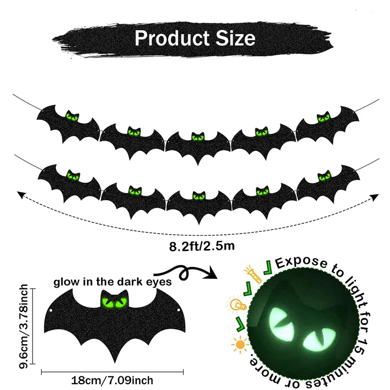 Im Dunkeln leuchtende Fledermaus-Papierbanner, Halloween-Party, Hängegirlande, Heimdekoration, Kinderbevorzugungen, Papierfledermäuse, Flagge mit leuchtenden Augen