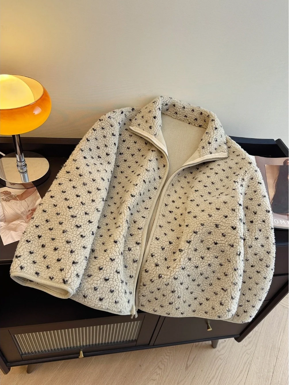 

Thiened Plaid Lamb Velvet Autumn Winter Coat Large Size Women's Faion Long Sve Stand Collar Zipper Warm Open Cardigan