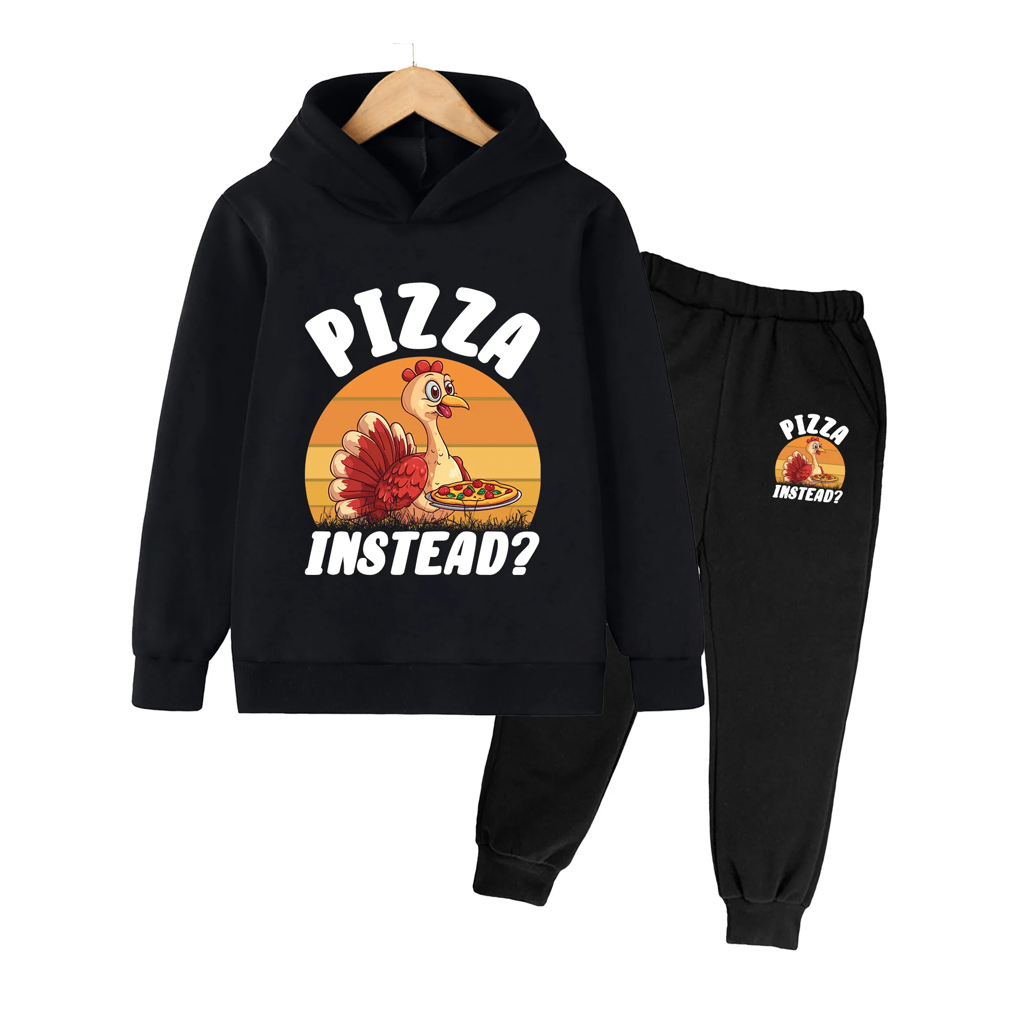 Kids Hoodie and Pants Set, Turkey Pizza Print Long Sleeve Outfit for Boys Girls, Thanksgiving Casual Wear