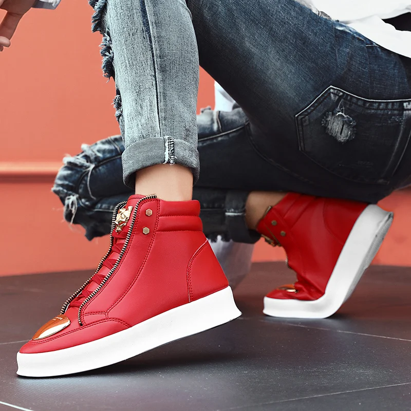 Red Leather Sneakers Men Zipper Flat Fashion Skateboard Shoes Designer Luxury Snakeskin High Top Sneakers Men Platform Trainers