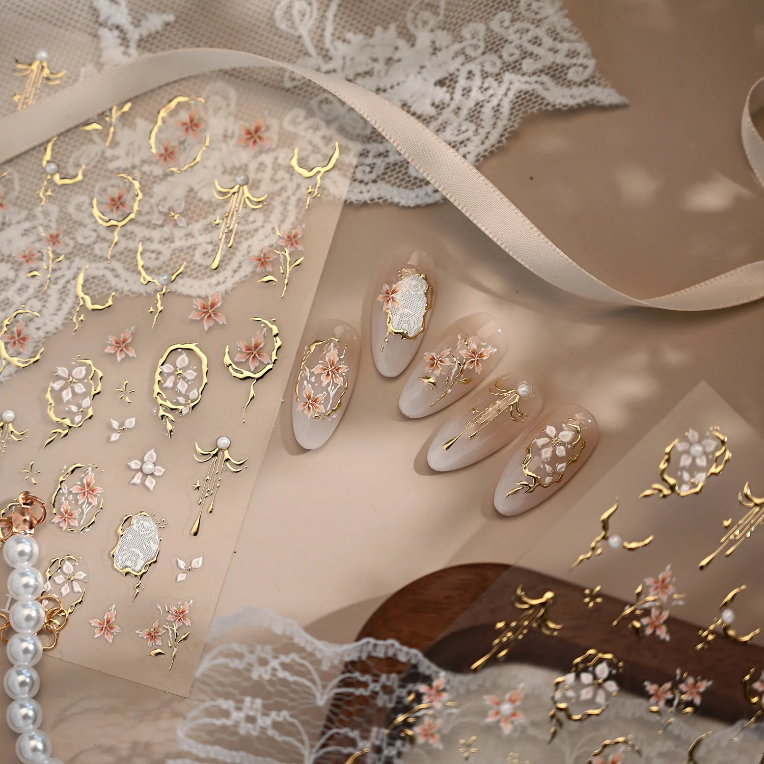 Pearl Flowers Nail Art Stickers Gold Stamped Edge Frame Stars Tassel 5D Embossed Self Adhesive Nail Art Stickers Manicure Decals