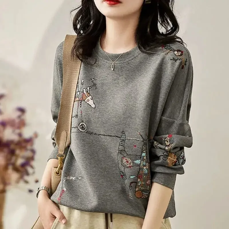 

Women Aesthetic Cartoon Embroidery Cotton Sweatshirt Simple Casual Chic Hoodie Female O Neck Long Sleeve Loose Pullover Tops New