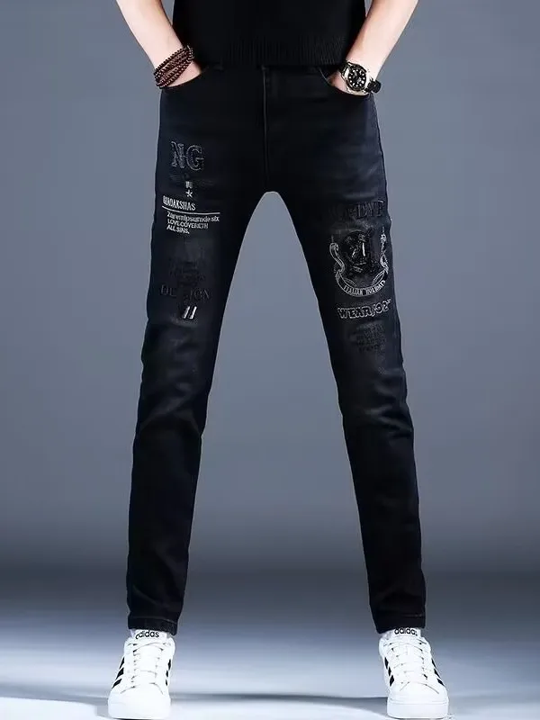 

Облегающие повседневные мужские джинсы, эластичные длинные брюки с вышивкой для отдыха, весна-осень, модные брендовые износостойкие эластичные джинсы