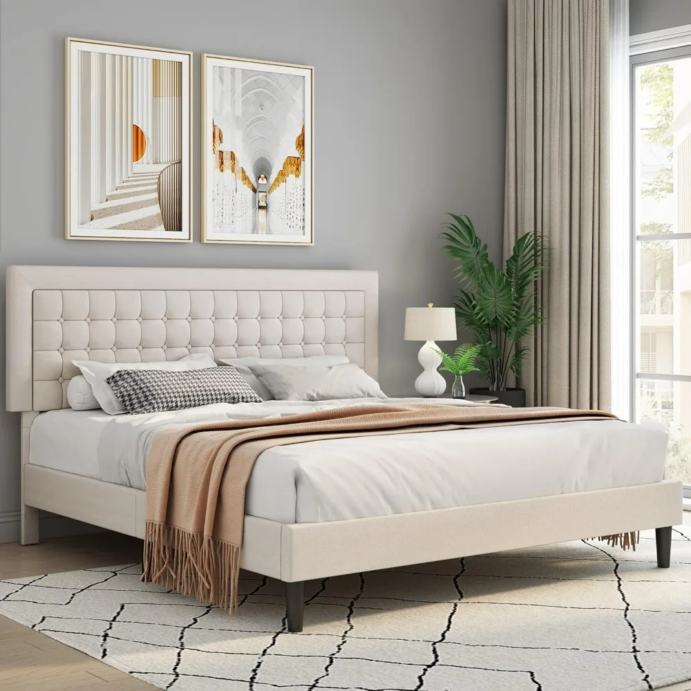 Queen Size Bed Frame, Queen Modern Soft Linen Upholstered Platform Bed with Button Tufted Adjustable Headboard /No Noise