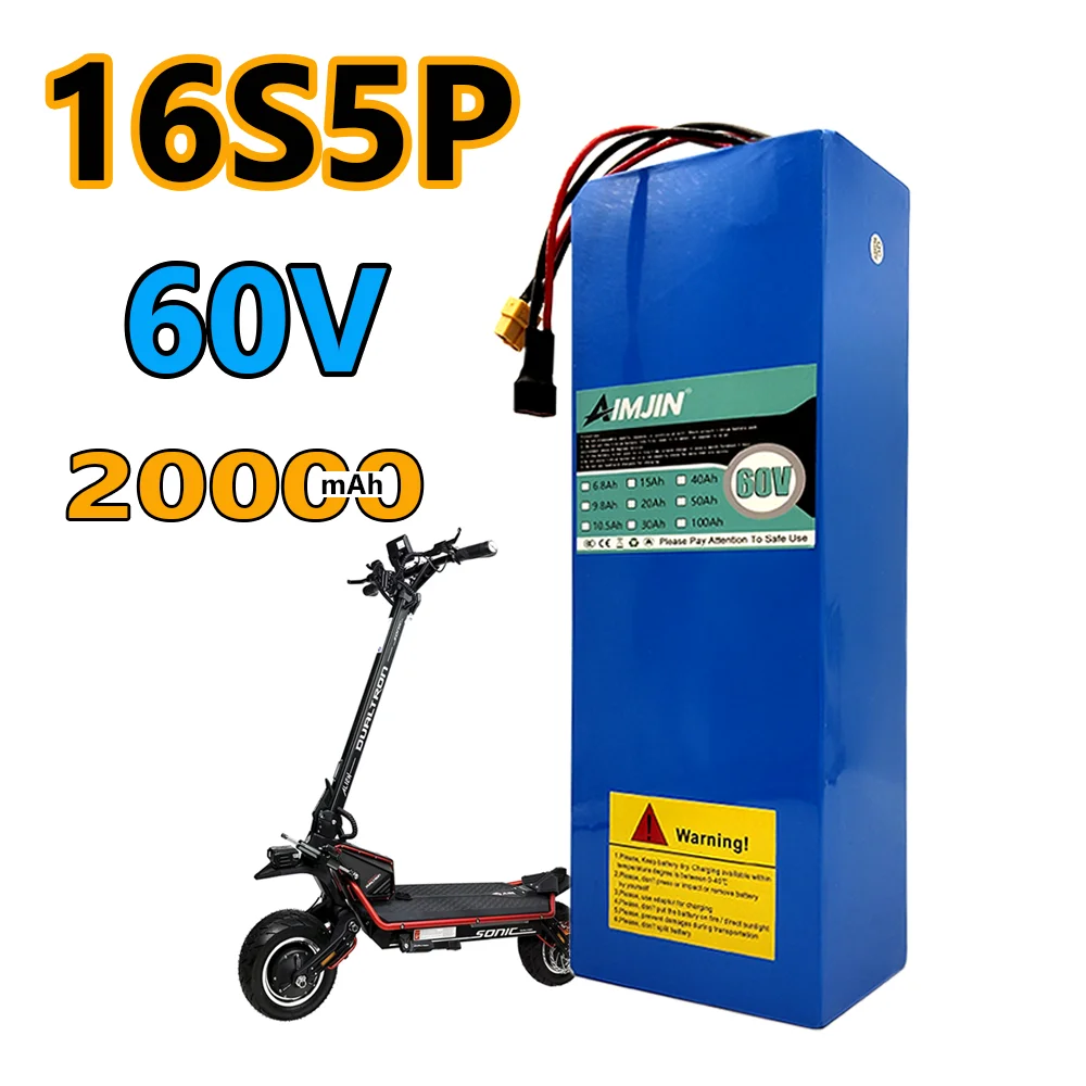 60V 20Ah 16S6P 18650 Rechargeable Lithium Battery Pack High Capacity Replacement Battery for Electric Bicycle Scooter Motorcycle