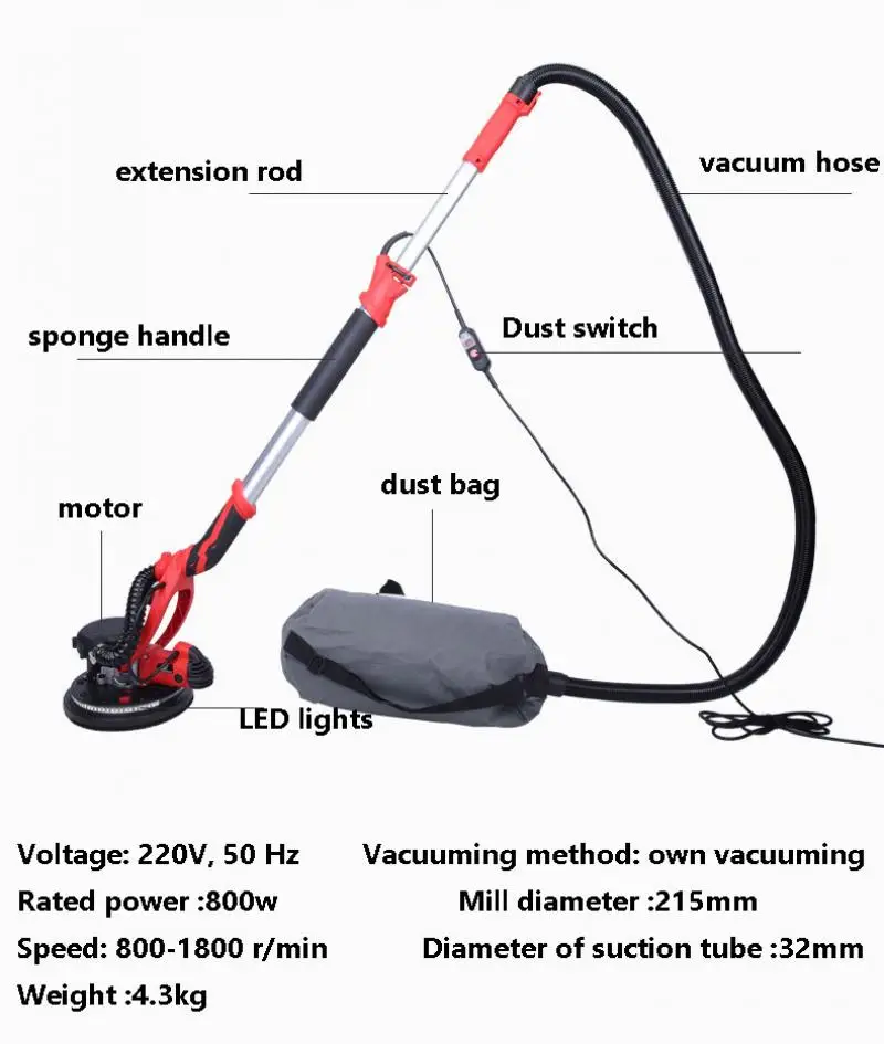 220V ไฟฟ้า Dust-Free Wall Putty เครื่องบดกระดาษทรายเครื่อง Self-ทำความสะอาดโคมไฟยาวผนังเครื่องบด sander