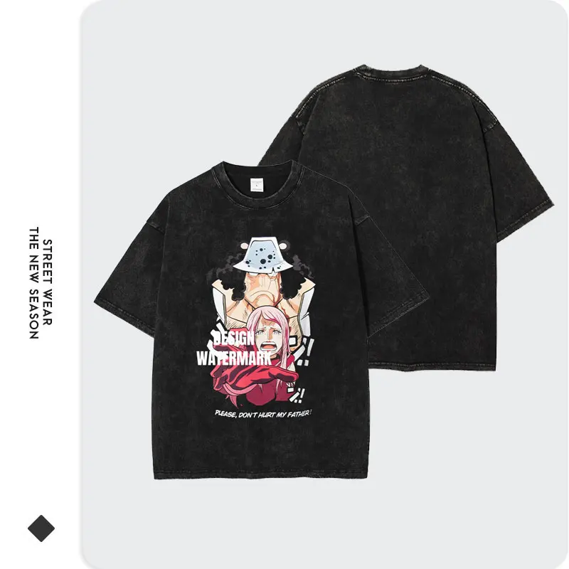 Bandai Anime O-One P-Piece T-shirts Vintage Washed Bonney T Shirt Manga Streetwear Bartholemew Kuma Tops Tees Men 100% Cotton