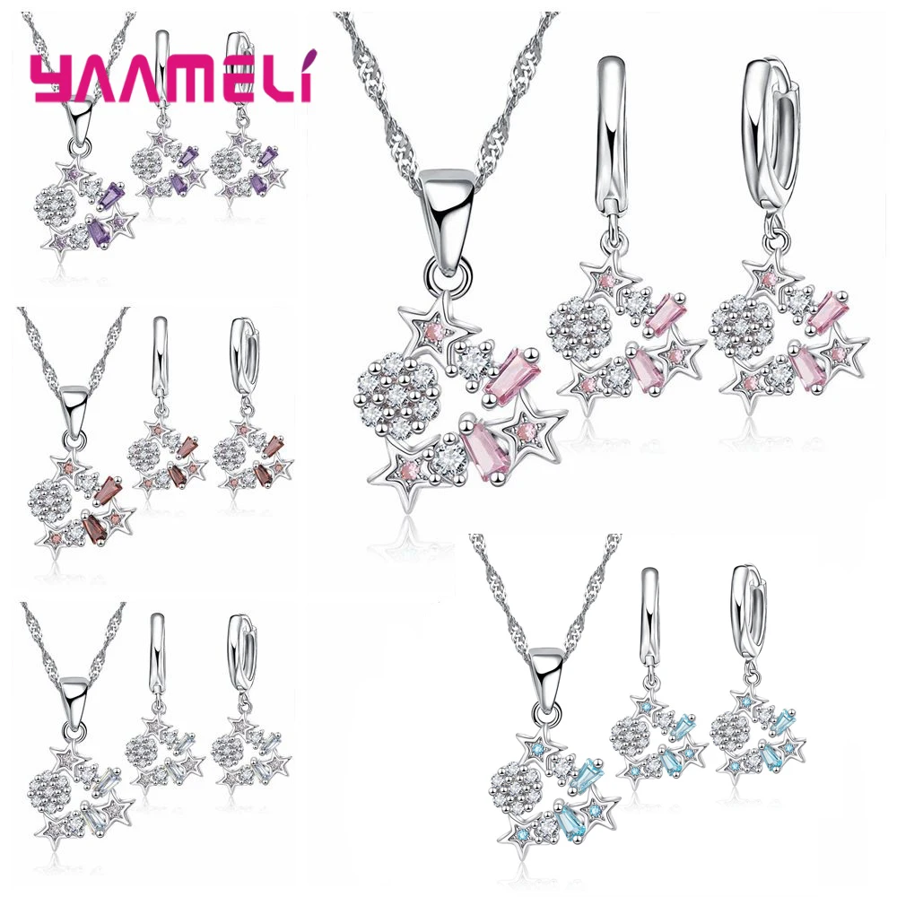 Schönes Geschenk für Freundschaft fein Sterling Silber österreich ischen Kristall Sterne Anhänger Halskette Ohrringe Kette Hochzeit Schmuck Set