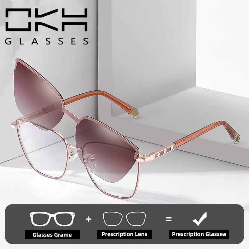 

OKH Magnetic Clip On Sunglasses Women Anti Blue Glasses Frames Polarized Ladies Fashion Reading Myopia Degree Glasses