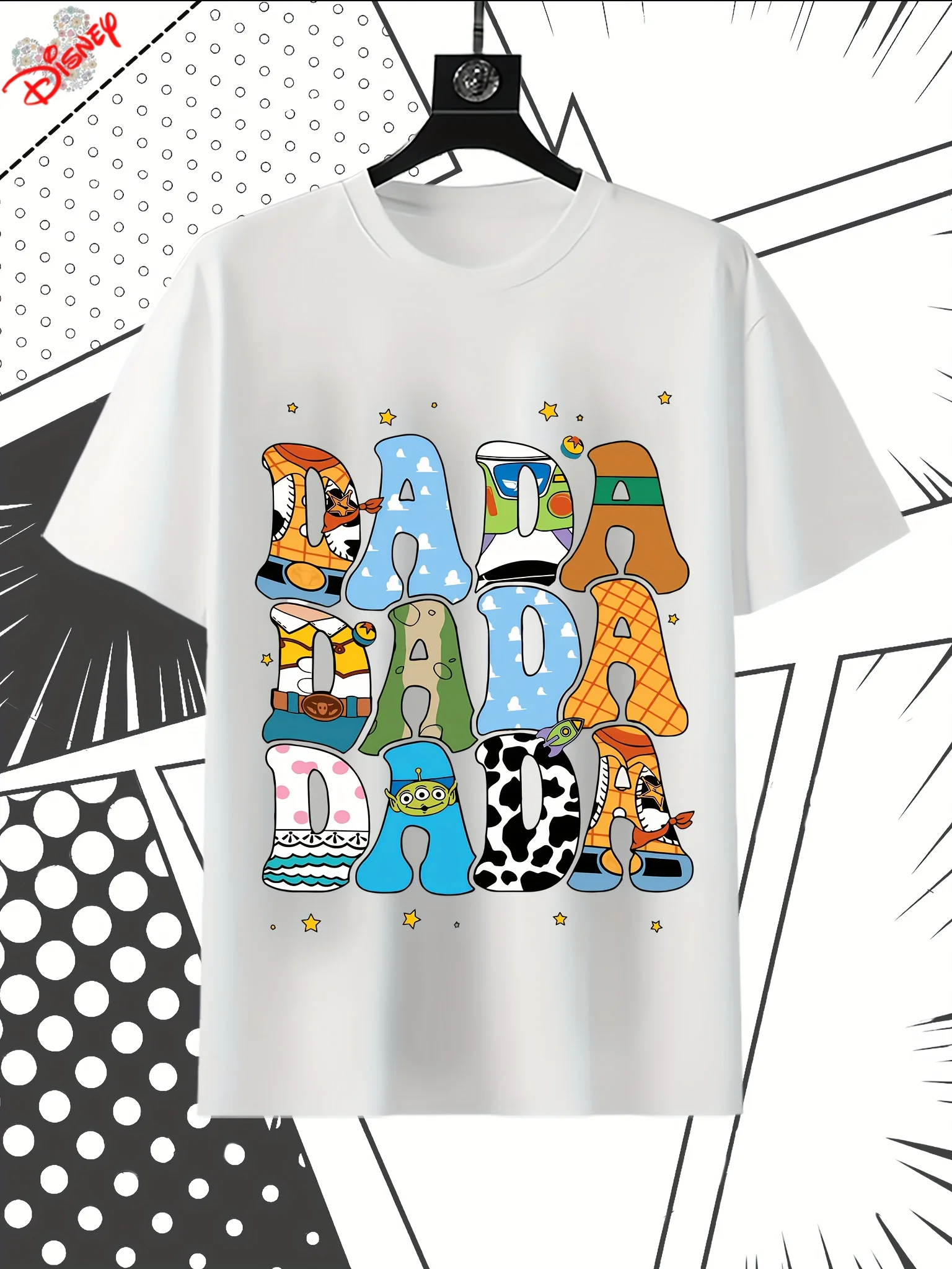 

Men's Disney Toy Story DADA Art T-Shirt Woody Buzz Lightyear Graphic with Iconic Movie Characters, Black Casual Short Sleeve Tee