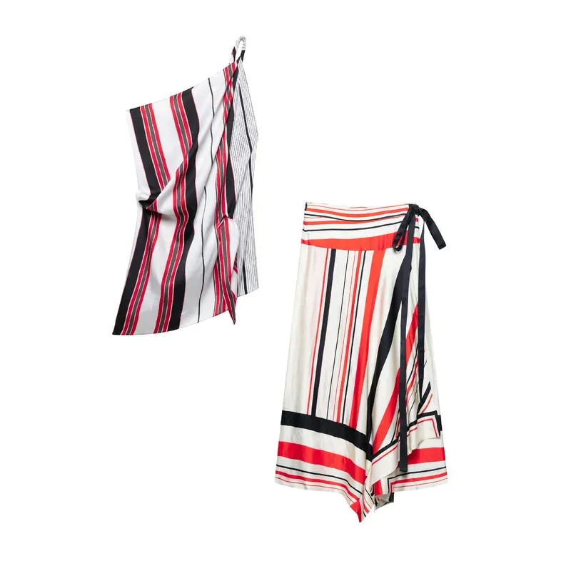 

Women's Casual Sexy Holiday Chic Striped Asymmetric Sleeveless Top with Loose Long Straight Skirt Spring Summer Fashion Outfit