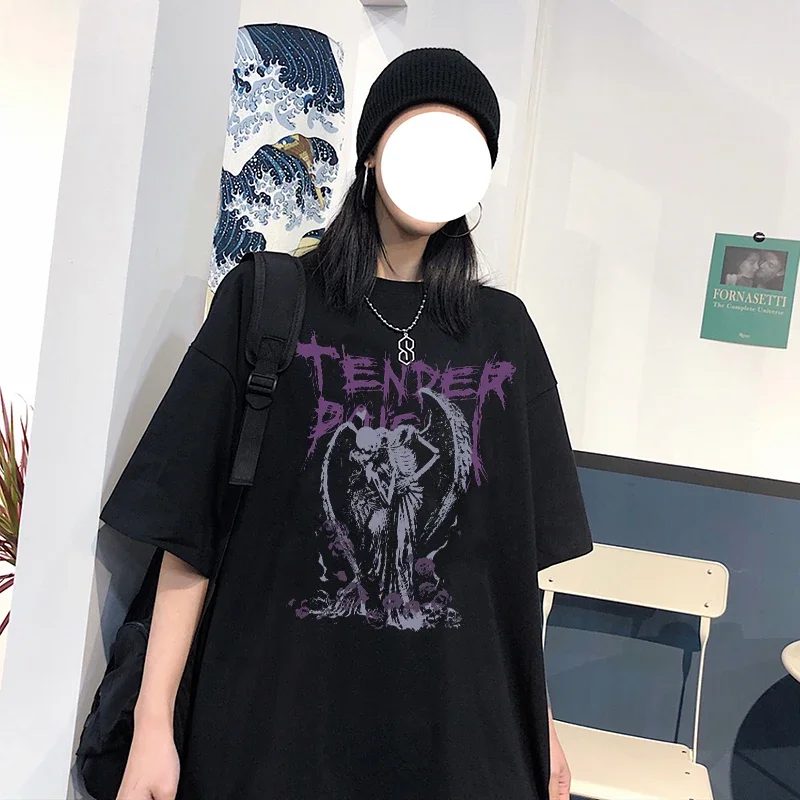 المرأة القوطية الشيطان الملاك طباعة تي شيرت ، عارضة الشارع الشهير ، قمم هاراجوكو ، أكمام قصيرة ، فيلي خمر ، الصيف