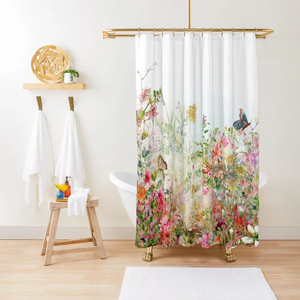 

English Flower Garden Floral with Butterflies Shower Curtain Waterproof Shower Shower Waterproof Curtain