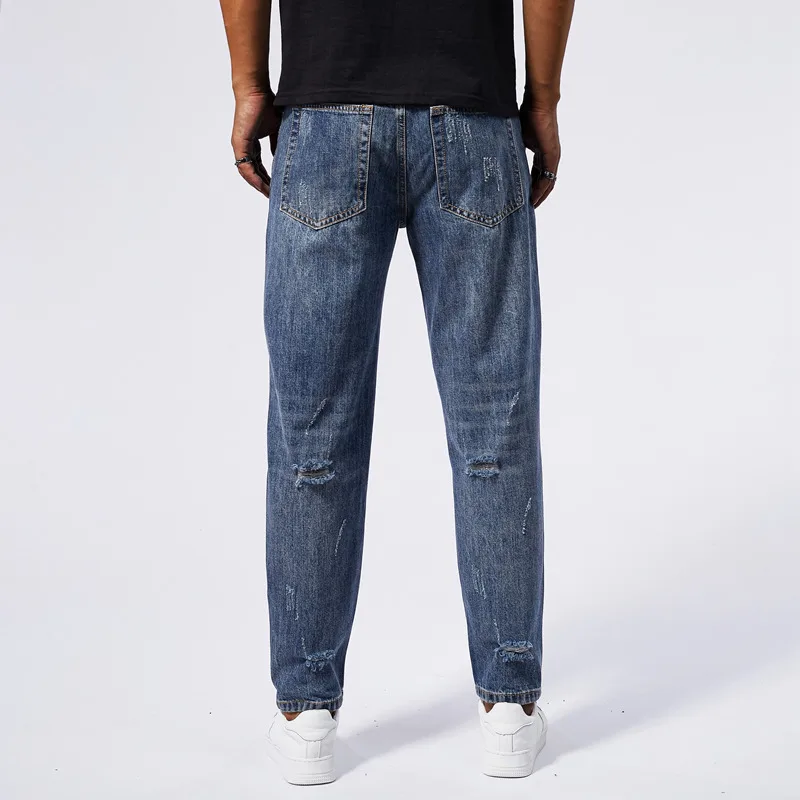 2024 Summer New Men's Perforated Jeans Loose Harun Retro Street Fashion Korean Edition Long Pants