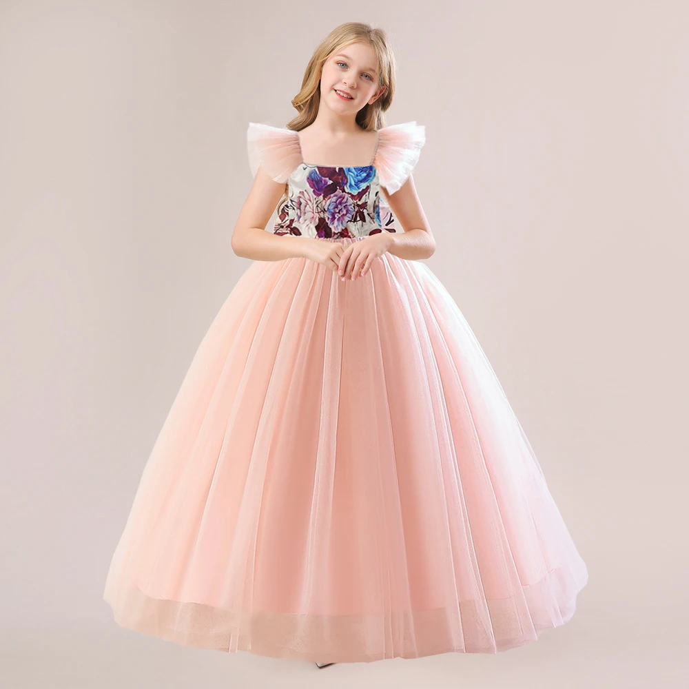 

Elegant Girls Pink Birthday Party Dresses Kids Embroidery Floral Carnival Pageant Ball Gown Teens Wedding Prom Gown Evening Wear