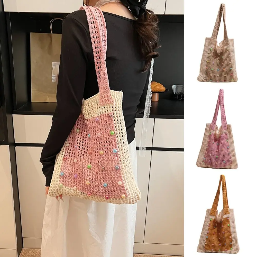

Colorful Knitting Shoulder Bag Large Capacity Beaded Decoration Bohemian Crochet Tote Bag Korean Style Hollow Out