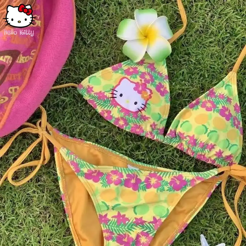 2 ชิ้น Y2K Hello Kitty Sanrio อะนิเมะสาวเซ็กซี่ร้อน Kitty ชุดชั้นใน Bra ผู้หญิงบิกินี่ชุดว่ายน้ํากางเกงชายหาดชายทะเลสปา