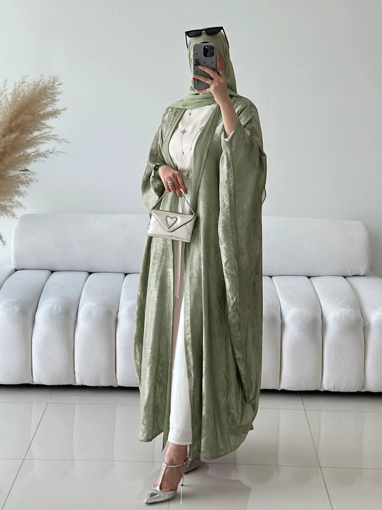 Eid Sliky Abaya na muzułmański strój imprezowy damski Ramadan Abaya rękaw w kształcie skrzydła nietoperza pas marokański Kaftan Vestidos Largos