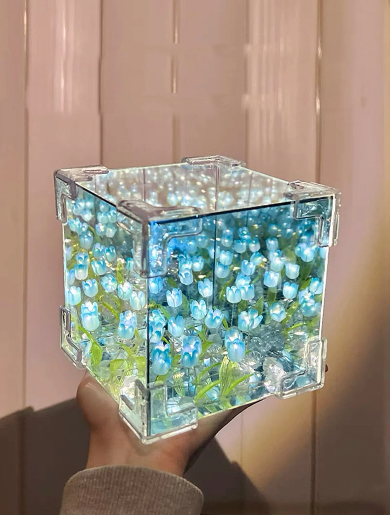 DIY Handmade Tulip Mirror Cube Lamp Simulation Flower Bedroom Sleeping Table Lamp Craft Tulips Mirror Night Light Birthday Gift
