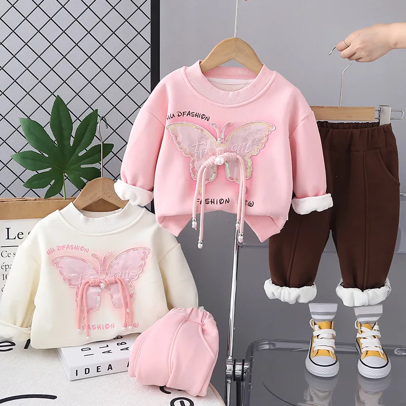 

girl clothes Girls' velvet autumn and winter bow sweatshirt set, stylish new sports baby winter thick sweatpants two-piece set