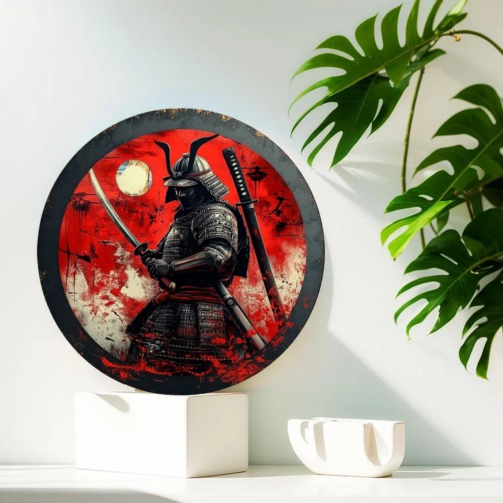 Japanese Samurai Aluminum Wall Art, Retro Style Circular Metal Logo Decoration, Suitable for Manholes, Cafes, Homes Weatherproof
